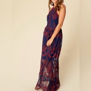 Altar’d State Halter Style Maxi Dress with Mesh Overlay Navy/Burgundy Size S.
